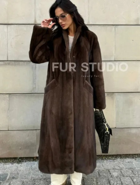 Норковая шуба, цельный мех PREMIUM COLLECTION VELVET - цвет соболь - фото 7