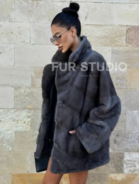 Короткая норковая шуба с английским воротником - цвет графит - фото 5