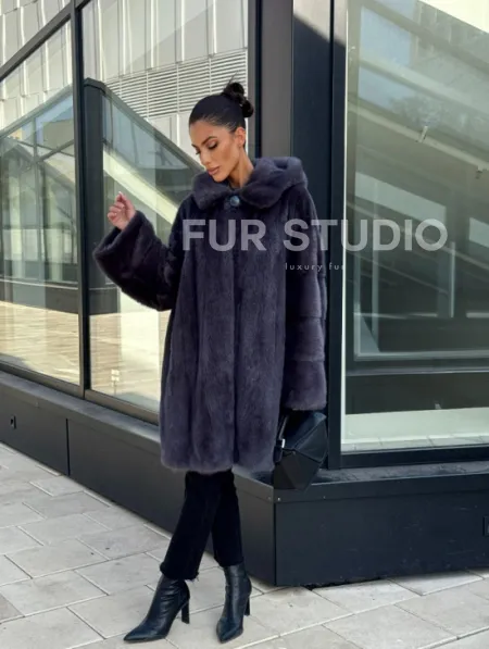 Норковая шуба с капюшоном,  роспуск - темный графит - фото 12
