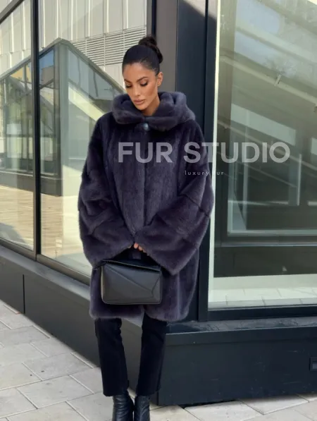 Норковая шуба с капюшоном,  роспуск - темный графит - фото 9