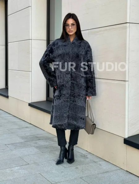 Меховое пальто из каракуля Graphite V-образный воротник - фото 5