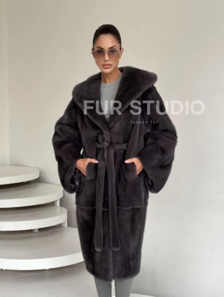 Зимняя норковая шуба с капюшоном - цвет графит - фото 8