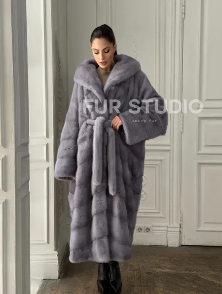 Длинная голубая норковая шуба с капюшоном PLUS SIZE - фото 8