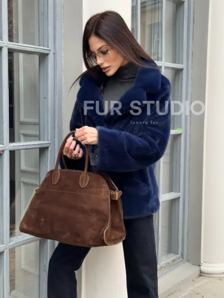 Синий норковый полушубок с английским воротником - фото 2