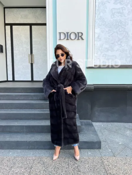 Длинная норковая шуба в цвете графит - фото 1