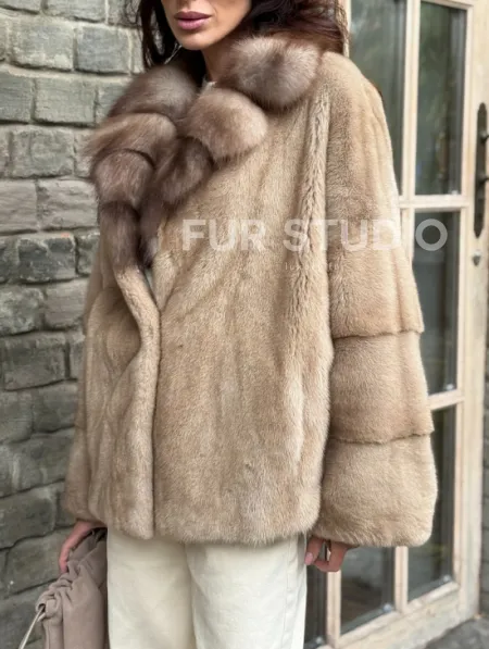 Норковый полушубок - автоледи с куницей - фото 1