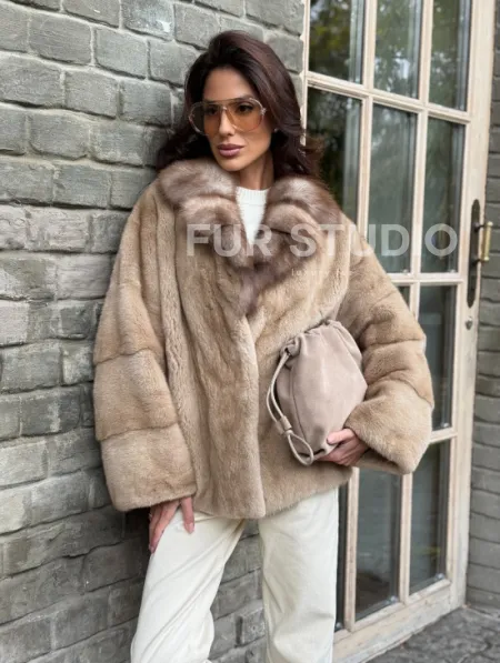 Норковый полушубок - автоледи с куницей - фото 5