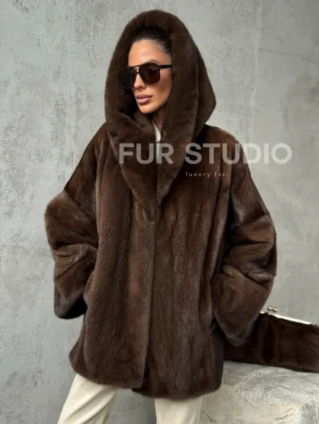 Норковый полушубок с капюшоном - цвет коричневый - фото 7
