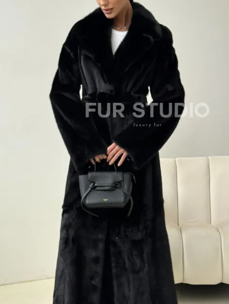 Черная норковая шуба с поясом - фото 2