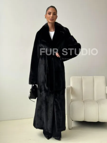Черная норковая шуба с поясом - фото 6