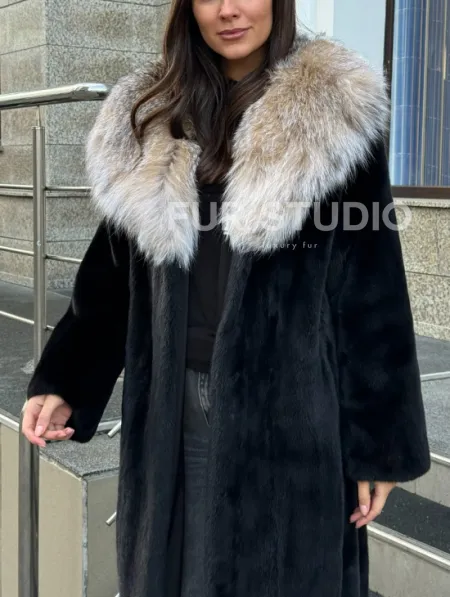 Черная норковая шуба с капюшоном из рыси - фото 3