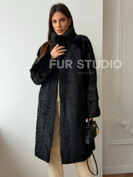 Шуба из каракуля с норкой - стойка воротник - фото 0