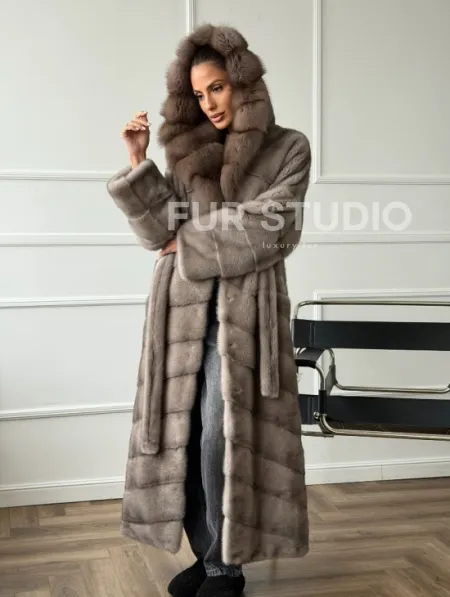 Шуба-кимоно норка в пол с капюшоном куница - фото 9