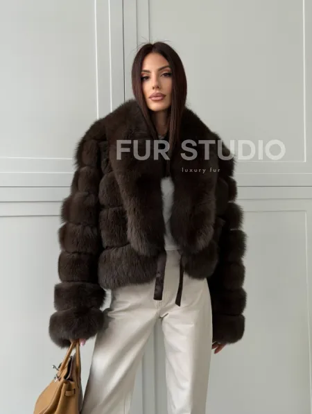 Полушубок-кроп из песца с шалевым воротником - фото 15