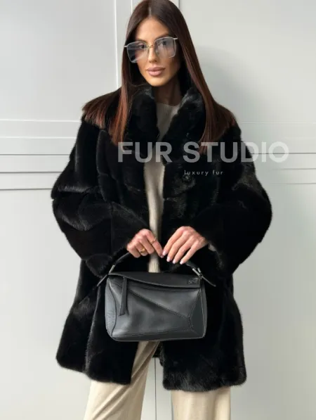 Черная норковая шуба - стойка воротник - фото 5