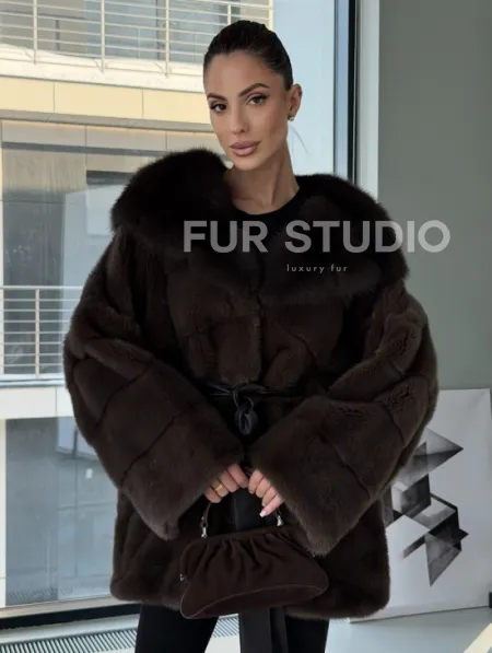 Норковая шуба кимоно с капюшоном куница - фото 0