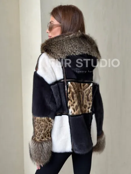Комбинированная норковая куртка с капюшоном - фото 1