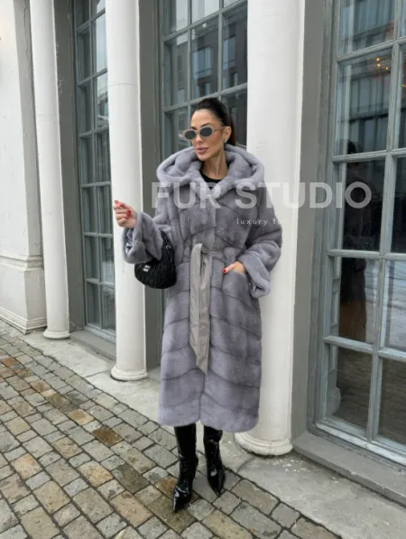 Норка кимоно паркет с капюшоном - цвет серый сапфир - фото 4