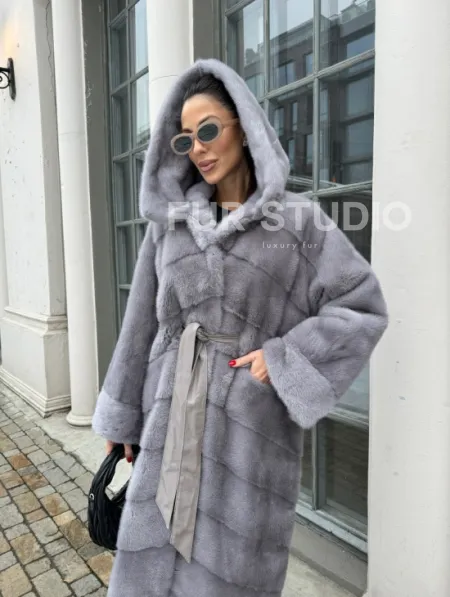 Норка кимоно паркет с капюшоном - цвет серый сапфир - фото 3