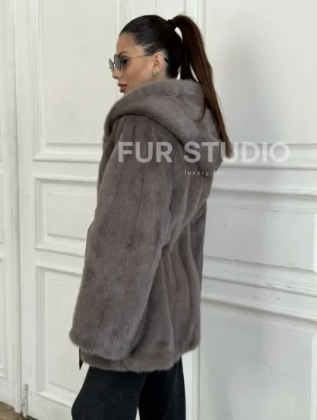 Шуба норковая с капюшоном роспуск - цвет графит - фото 1