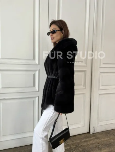 Норковый жакет с капюшоном, роспуск - цвет графит - фото 6