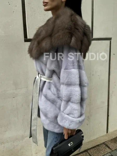 Шуба норковая с капюшоном из меха куницы - цвет голубой - фото 6