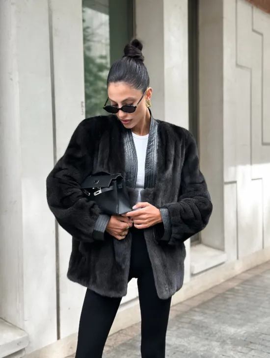 Жакет - шуба из меха норки с отделкой из кожи - графит - фото 6