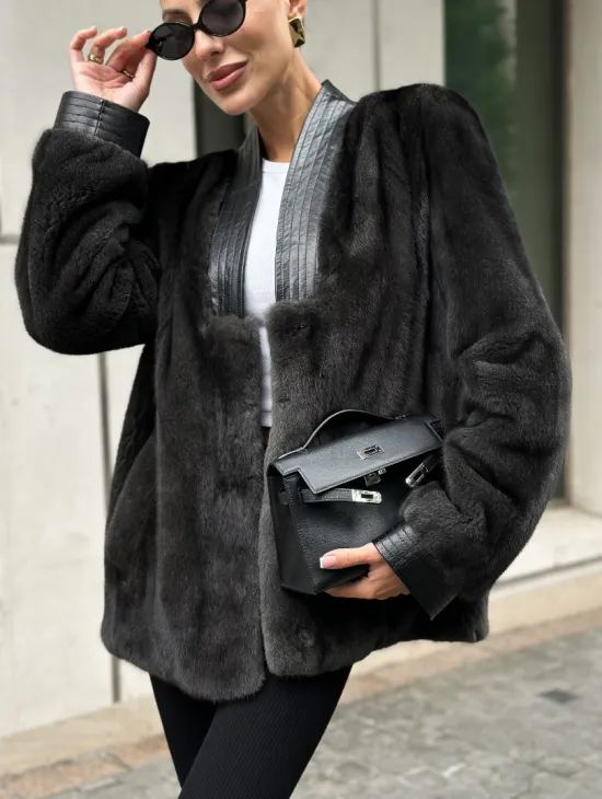 Жакет - шуба из меха норки с отделкой из кожи - графит - фото 1