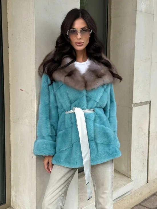 Шуба Autolady из норки с капюшоном из меха куницы - цвет тиффани - фото 11