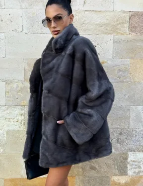 Короткая норковая шуба с английским воротником - цвет графит - фото 3