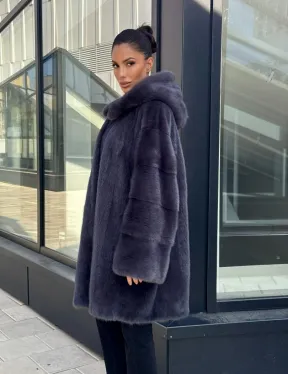 Норковая шуба с капюшоном,  роспуск - темный графит - фото 5