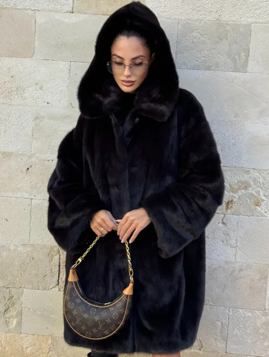 Шуба из аукционной норки с капюшоном роспуск - цвет уголь - фото 10