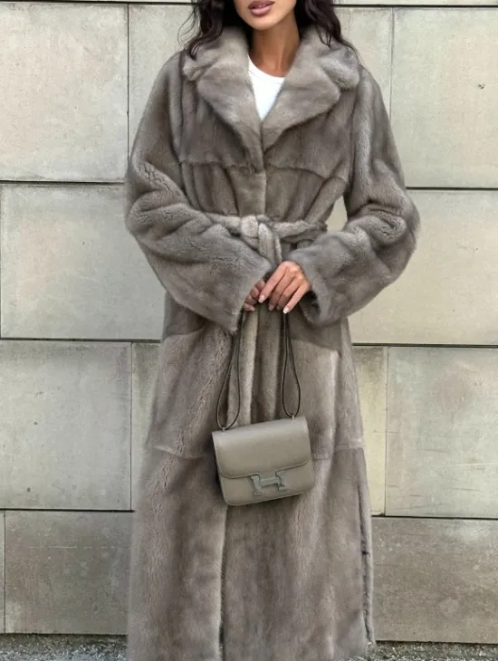 Норковая шуба цельный мех с поясом Luxury Line - цвет silver - фото 11