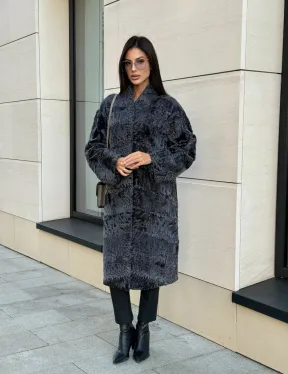 Меховое пальто из каракуля Graphite V-образный воротник - фото 11