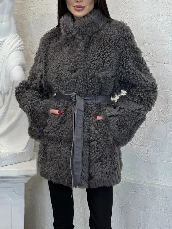 Двухсторонняя женская шуба - дублёнка из меха тиградо, стойка воротник - фото 2