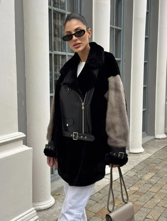 Удлиненная дубленка из натурального мериноса с отделкой из меха норки - фото 7