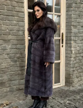 Удлиненная шуба из меха норки с капюшоном куница - фото 3