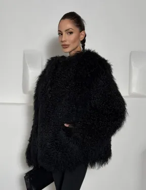 Черная шуба из меха ламы воротник шанель - фото 0