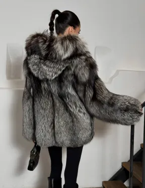 Полушубок из чернобурки с капюшоном цельные пластины - фото 8
