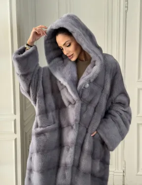 Длинная голубая норковая шуба с капюшоном PLUS SIZE - фото 5