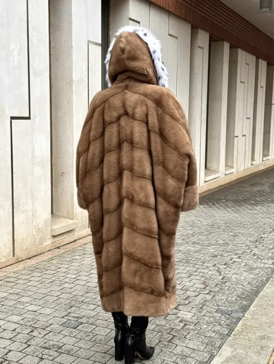 Норковая шуба больших размеров в стиле Бохо с капюшоном под рысь - фото 7