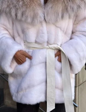 Норковая шуба с мехом рыси - белая - фото 2