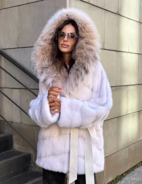 Норковая шуба с мехом рыси - белая - фото 12