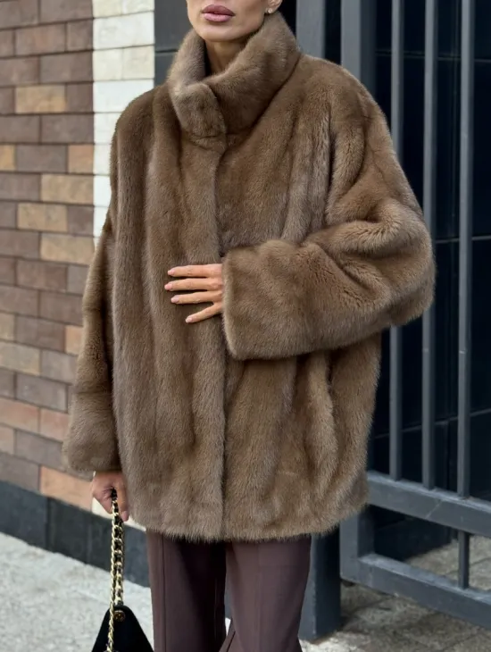 Шуба норковая пастель - стойка воротник - фото 1