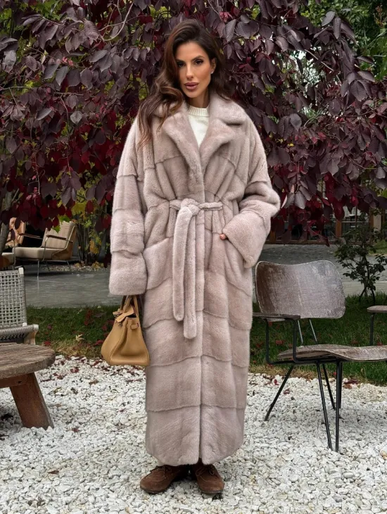 Длинная норковая шуба с поясом - фото 0