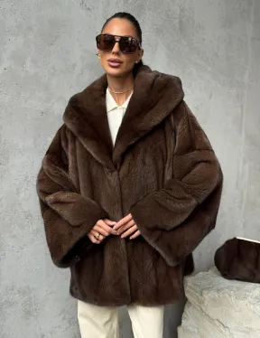 Норковый полушубок с капюшоном - цвет коричневый - фото 8