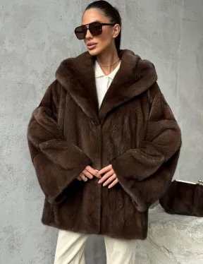 Норковый полушубок с капюшоном - цвет коричневый - фото 0