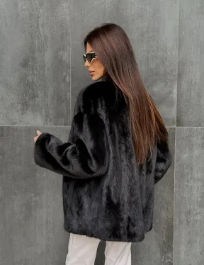 Черный норковый полушубок V-образный воротник - фото 8