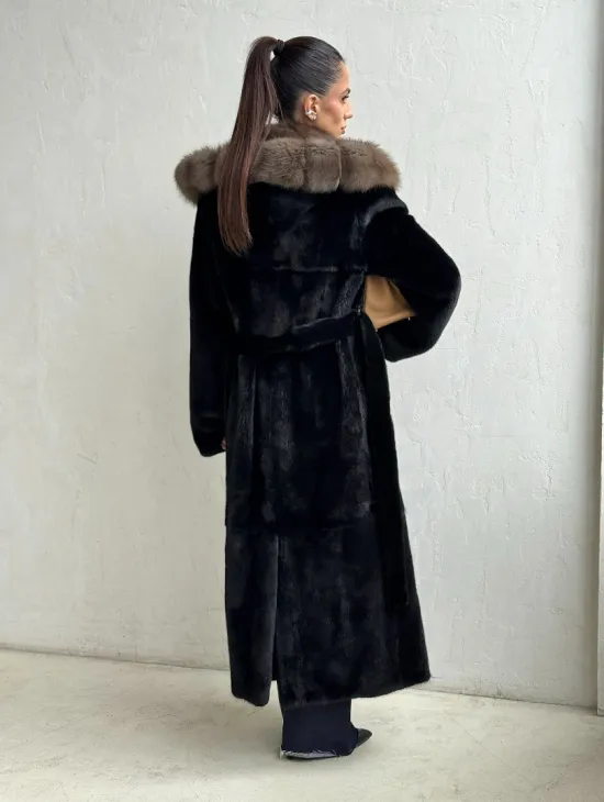 Черная норковая шуба с поясом - капюшон куница - фото 7