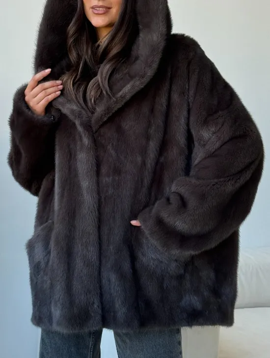 Норковый полушубок с капюшоном - фото 1